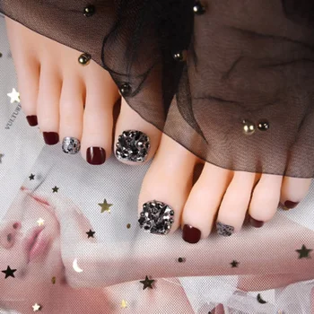 

24set Wine Red Shiny Diamonde Paillette Decor Fake Toenail Tips Women Detachable Full Cover Short Toe Nails Glue Stickers