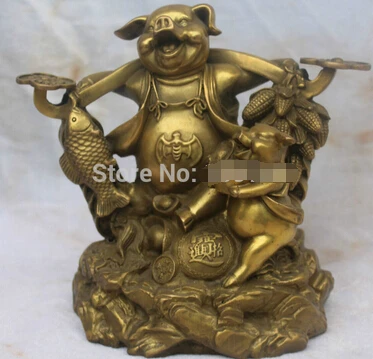 free shipping Chinese Wealth YuanBao Fish Foo Fu Myth Bronze Pig Swine Zhu Bajie Ruyi Statue | Дом и сад