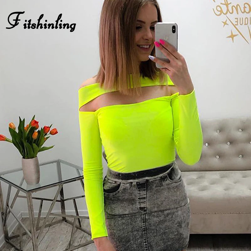 

Fitshinling Fluorescence yellow off shoulder top streetwear long sleeve cut out sexy t-shirts for women neon slim female t-shirt