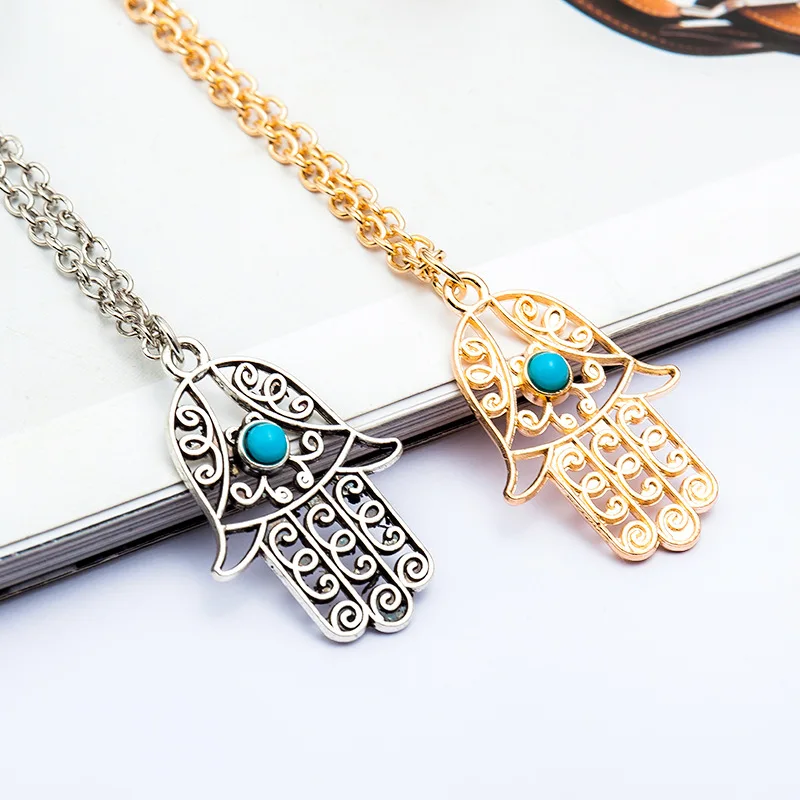 

Vintage The Hand of Fatima Hamsa Necklace Jewelry Metal Chain Palm Statement Pendants Necklace Fashion for Women Gifts