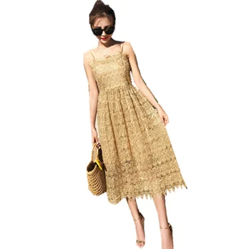 

FOLOBE Summer Party Dresses Runway Gold High-end Women Dress Lady Bandage Bodycon Vintage Sexy Spaghetti Strap Long Lace Dress