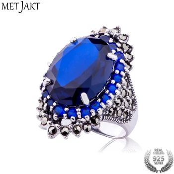 

MetJakt Vintage Ethnic Sapphire Ring with Zircon Solid 925 Sterling Silver Ring for Women's Wedding Engagement Jewelry