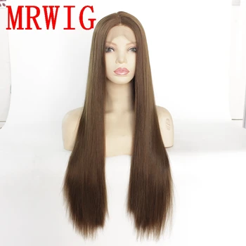 

MRWIG brown hair color 8# long straight synthetic front lace wig for woman 26in mid part natural hair color