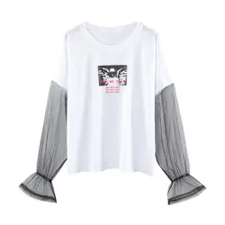 Летние Для женщин футболка Письмо печати сетки лоскутное короткий рукав Повседневное свободная футболка
