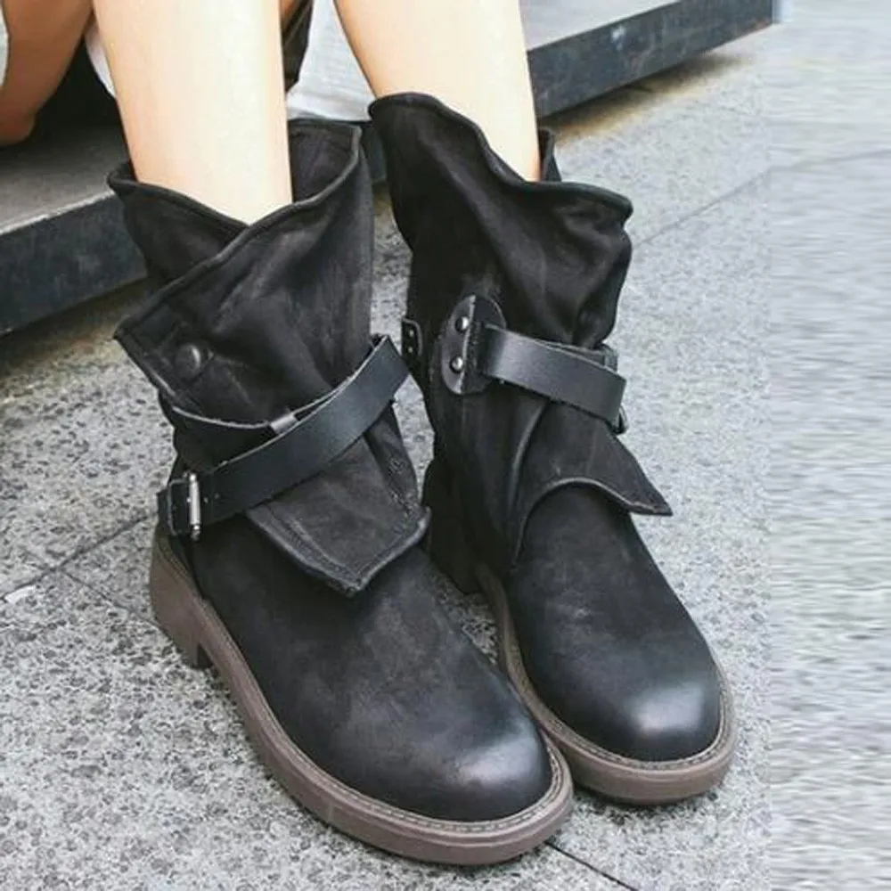 

QWEDF Fashion Medium Military Boots Quality Women Buckle Artificial Leather Patchwork Shoes sapatos mulheres conforto DC-104