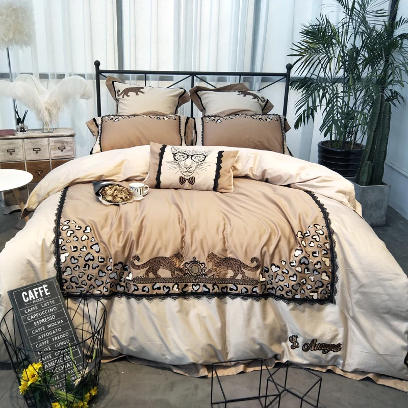 

luxury personality leopard Embroidery 80S Egyptian Cotton Bedding Set Leopard Print Duvet Cover Bed Linen Bed sheet Pillowcases