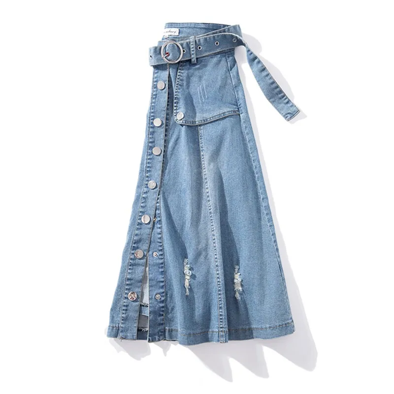 UHYTGF Women skirts Fashion button summer Denim skirt women Belt high waist elegant lady jeans skirt casual plus size skirts 639