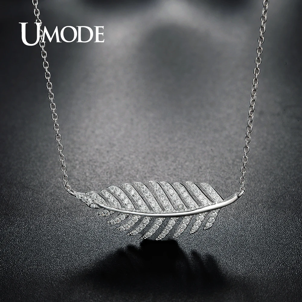 

UMODE Brand Real 925 Sterling Silver Jewelry Feather Pendant Necklace for Women White Gold Color Leaf Necklace Colar ALN0231