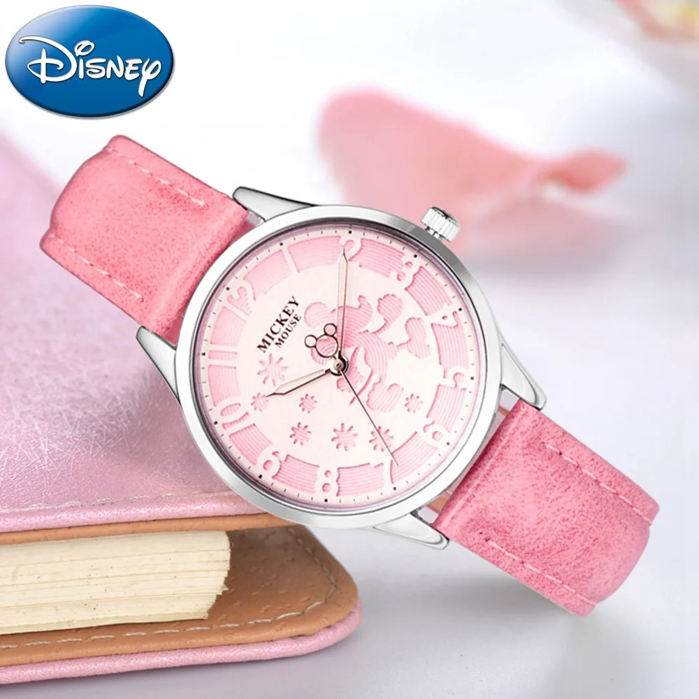 Disney Walking Mickey Engrave дизайнерские женские часы с кожаным ремешком светящиеся