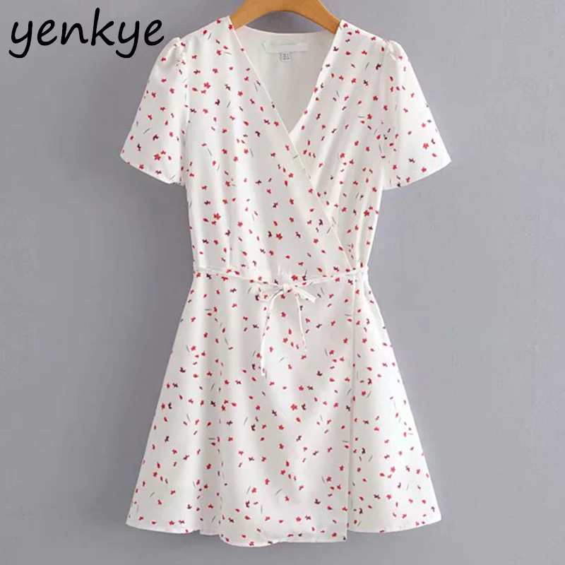 

2019 Women Cross V Neck Print Wrap Dress Sweet Lady Short Sleeve A-line Mini Summer Dress short vestido DDOM9066