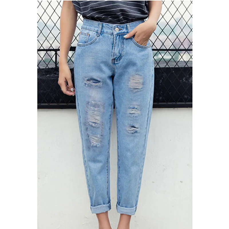 

Preferential 2018 Europe and America Ladies washed hole jeans casual womens ripped jeans fashion womens blue denim pants