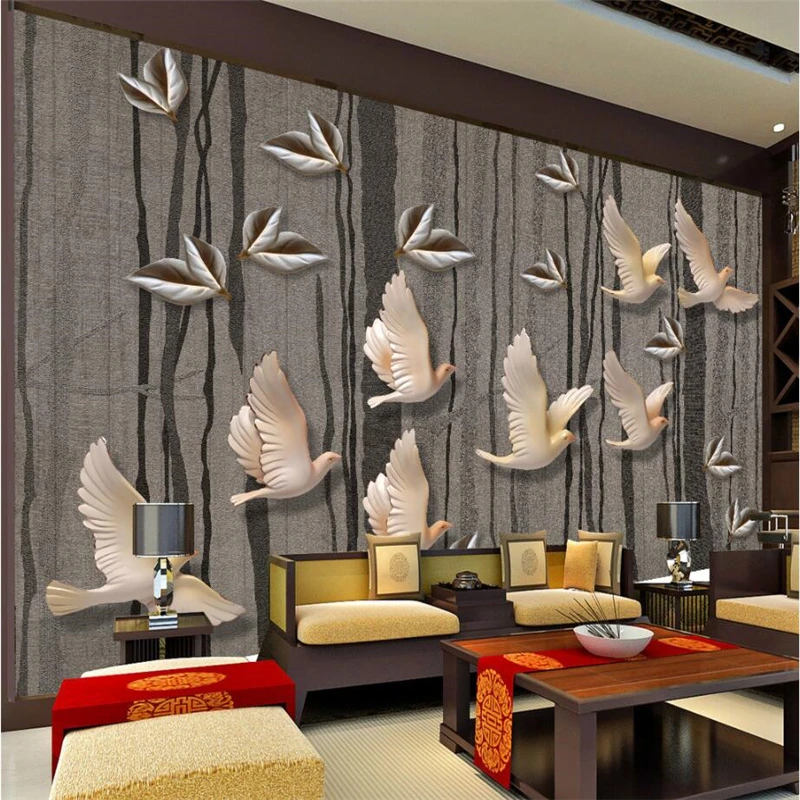 beibehang Custom Fresco Wallpaper 3d three-dimensional new Chinese brown forest birds relief background wall painting | Обустройство