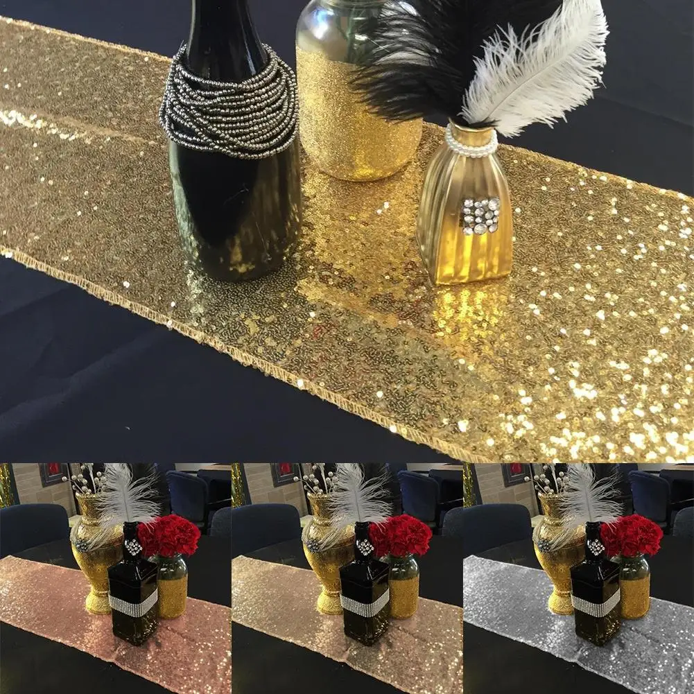 Yfashion Sparkly Sequin Table Runner Decoration Solid Rose Gold- Decorative Table Runners for Birthday Parties Weddings Events