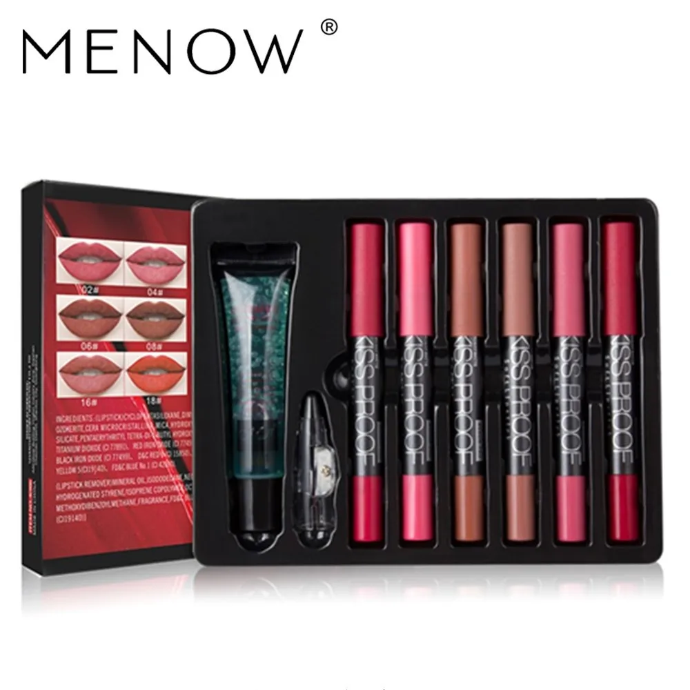 

MENOW Makeup Set 6pcs Kiss Matte Lipstick 1pcs Makeup Remover Pencil Sharpener Cosmetic Combination Waterproof Lipstick HOT SALE