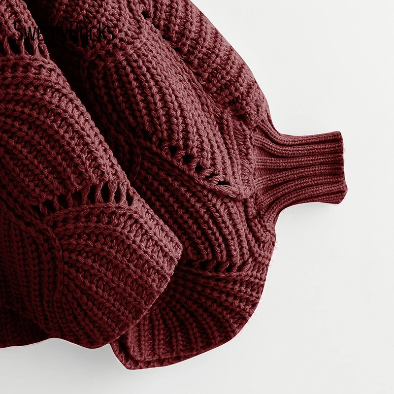 SweatyRocks Burgundy Eyelet Detail Scallop Trim Oversized Sweater Batwing Sleeve Boat Neck 2018 New Autumn Lady Women Sweaters