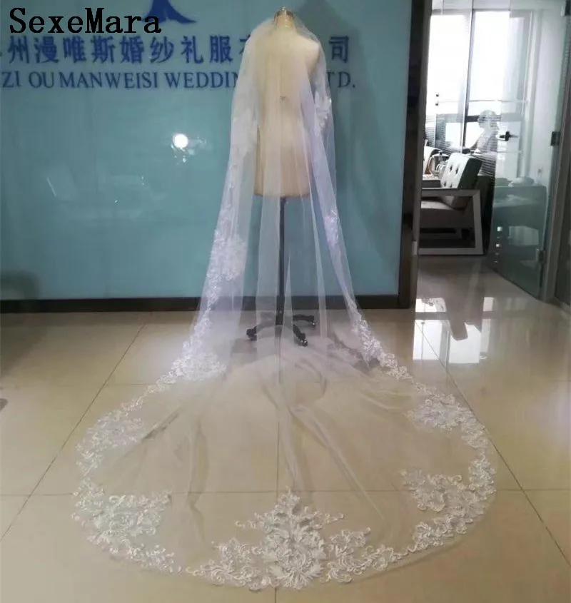 

One Layer Wedding Veils 3 Meters Long Cathedral Length Lace Applique Netting Bridal Veil Real Image High Quality With Comb