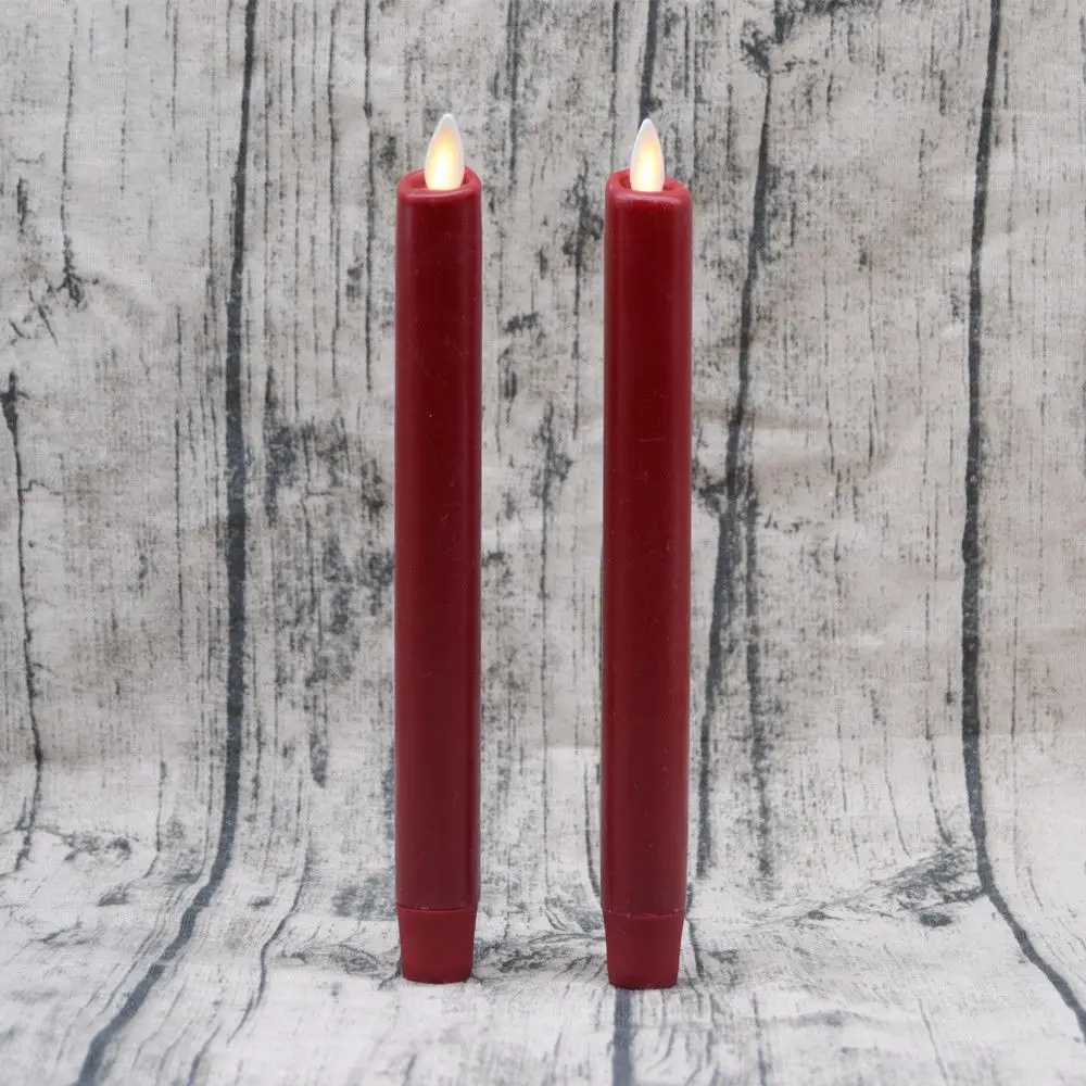 Battery Operated Window Red Paraffin Wax Led Candles 2Pcs Taper