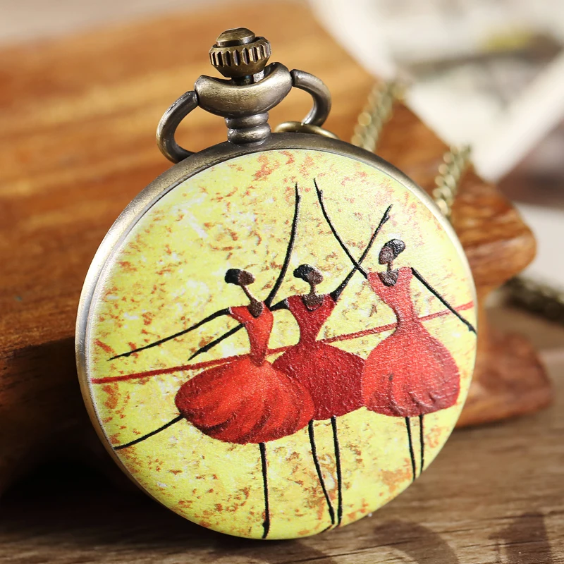 

Unique Three Ladies Dancing Pocket Watch with FOB Chain Mens Womens Necklace Pendant Bronze Steampunk Quartz Pocket Watch Clock