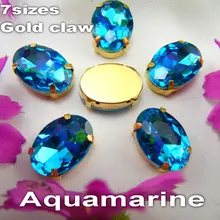 Factory direct sale 7 sizes Sew on Aquamarine oval shape Glass Crystal rhinestone beads with gold claw cup settings garments diy