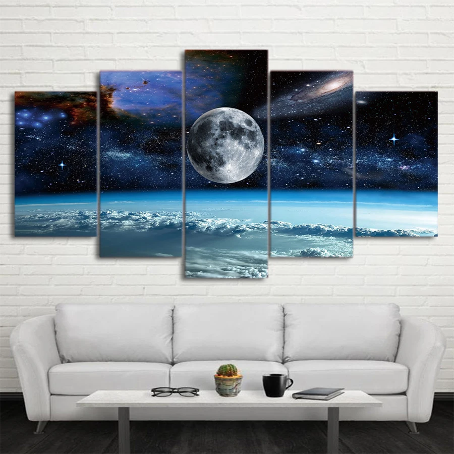 HD print 5 Pieces Canvas Art Space Universe moon stars Painting Modular
