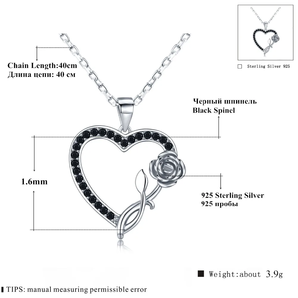 [BLACK AWN] романтическое 925 пробы Серебряное ювелирное ожерелье в форме сердца для женщин черный позвоночник женский подарок для влюбленных роз K008