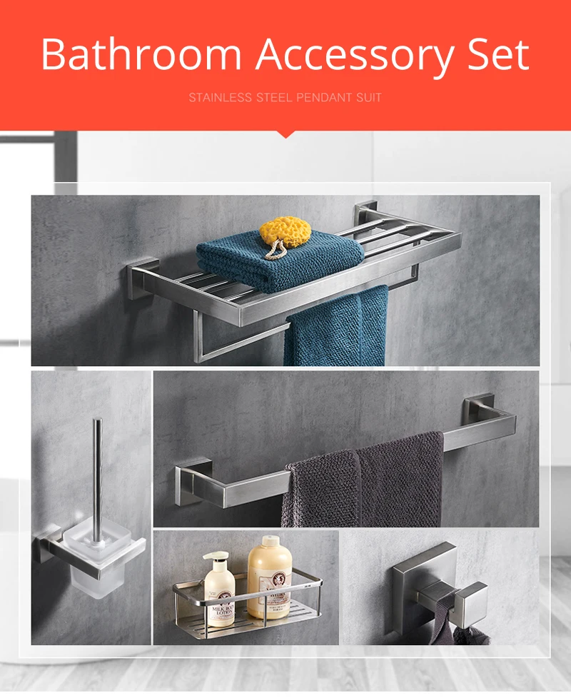 304 Stainless Steel Bathroom Accessories Set Wall Mount Towel Rack 