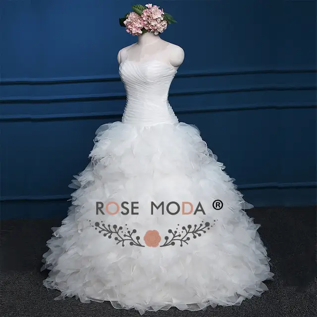 Rose Moda Feather Wedding Dress Strapless Organza Ball Gown Lace