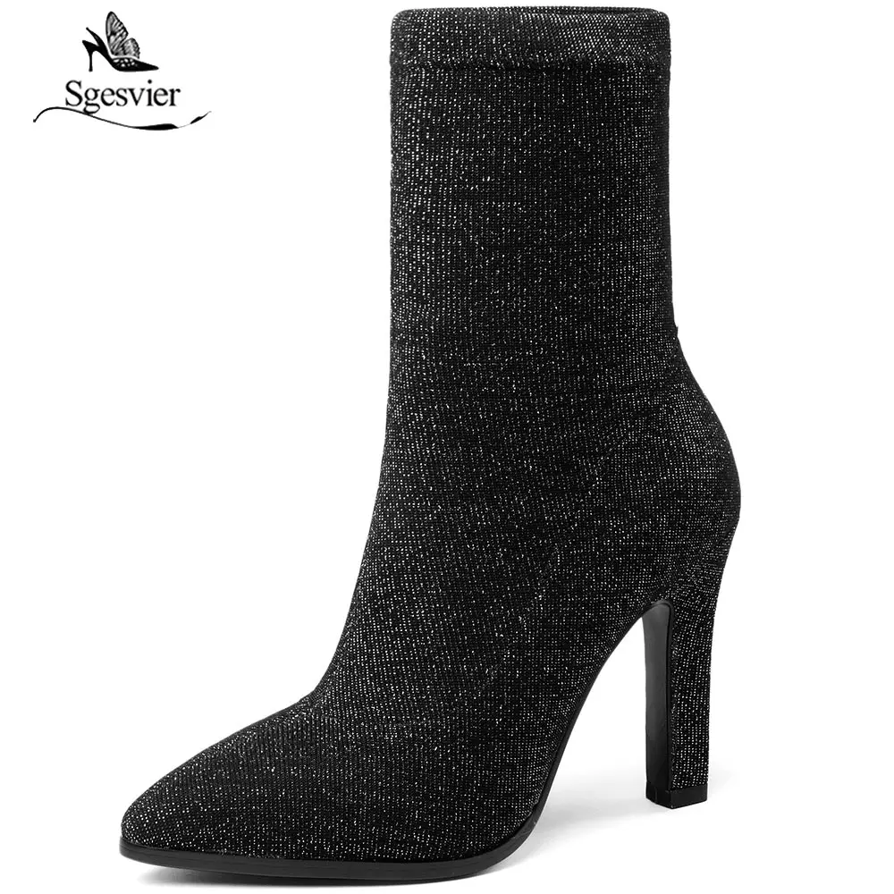 Sgesvier Fashion Ankle Elastic Sock Boots Chunky High Heels Stretch