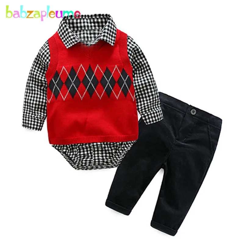 

3PCS/Spring Autumn Newborn Clothing Sets Gentleman Jumpsuit Baby Suits Knit Vest+Plaid Rompers+Pants Infant Boys Clothes BC1269