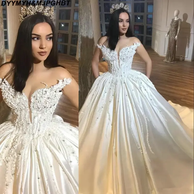 Luxury White Satin Wedding Dresses 2019 Ball Gown Off The Shoulder ...