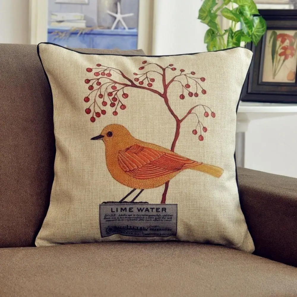 Vintage Country Floral Bird Pillow cover,Tree Birds cushion cover Linen