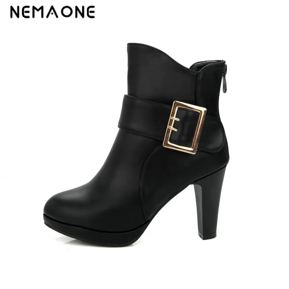 

NEMAONE New Women Ankle Boots Black Red White High Heel Shoes Woman Buckle Design Autumn Winter Women boots