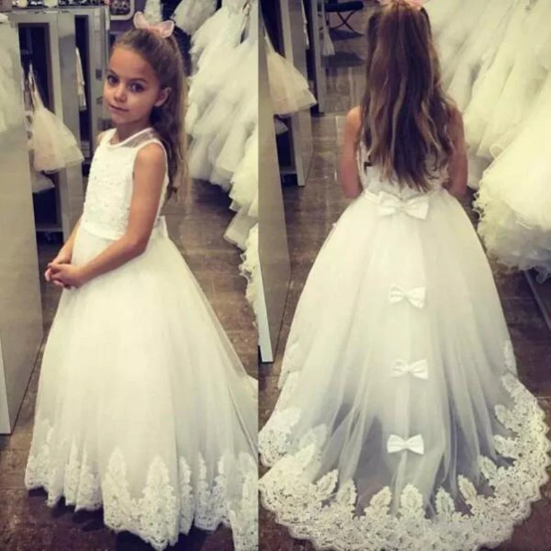 

White Flower Girl Dress Pageant Birthday Formal Party Lace Applique Sleeveless Tulle Bow First Communion Party Dresses