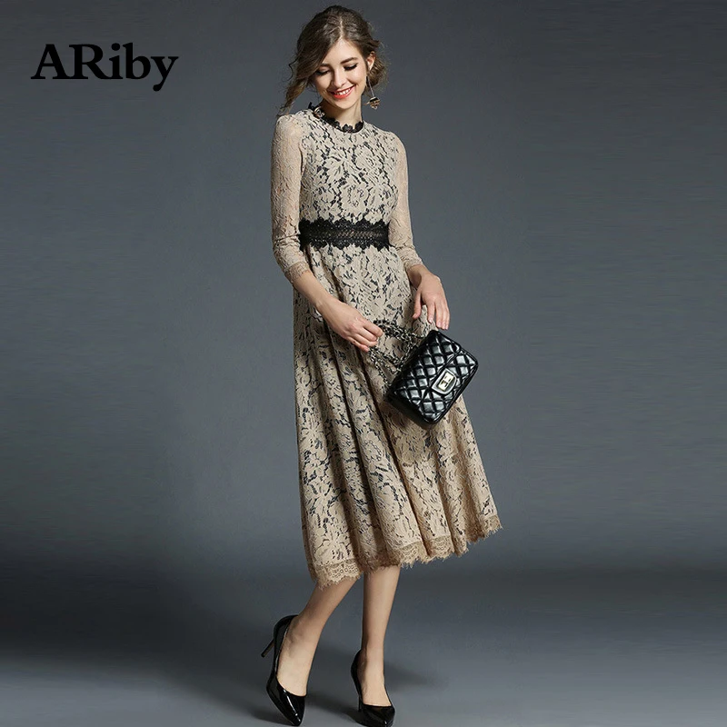 Women Dress Slim Elegant Plus Size Dress 2019 Spring Summer New Fashion Office Lady Lace Stitching Empire Seven-Sleeve Dresses