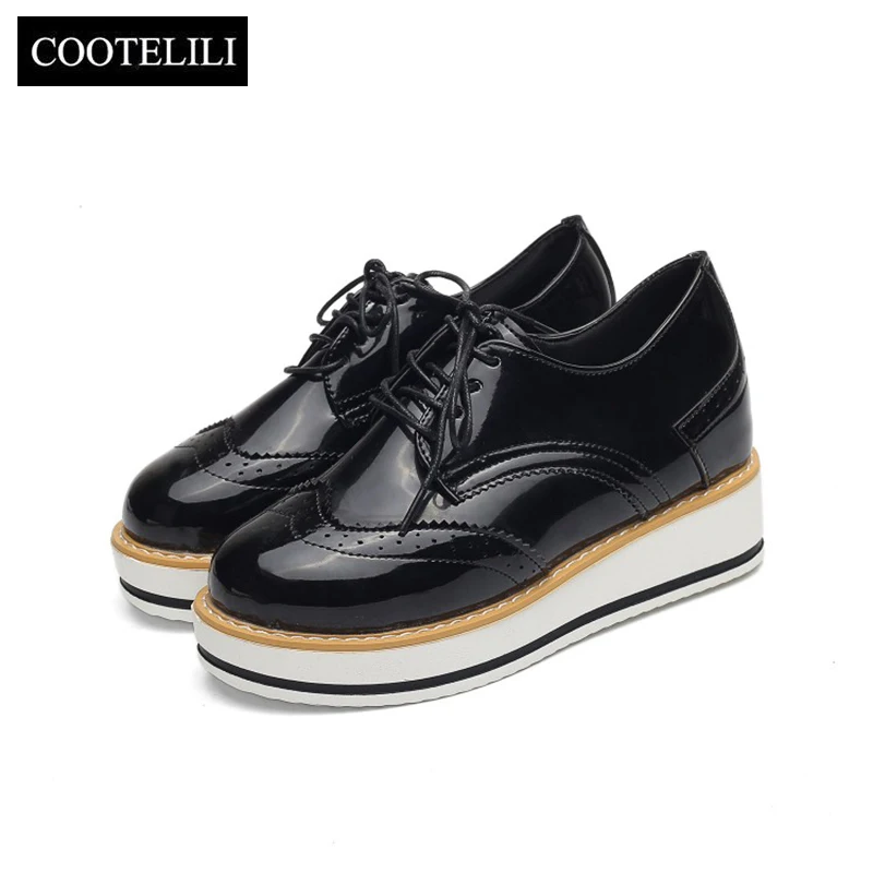 

COOTELILI Women Flats Brogue Shoes Spring Autumn Creepers Shoes Woman PU Leather Creepers 4cm heel Platform Women Shoes 35-39
