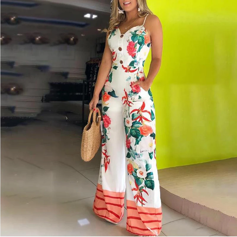 Floral Print Summer Office Jumpsuits Women Buttons Design Sexy Long Jumpsuit Rompers Wide Leg Long Pants Overalls