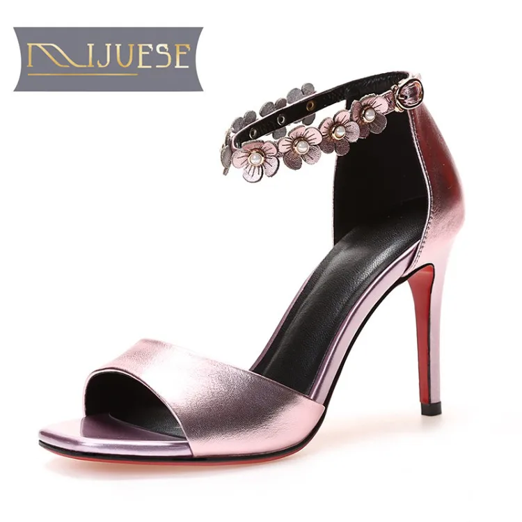 

MLJUESE 2018 women sandals Cow leather Pink color ankle strap floral open toe thin heel high heels pumps party shoes dress
