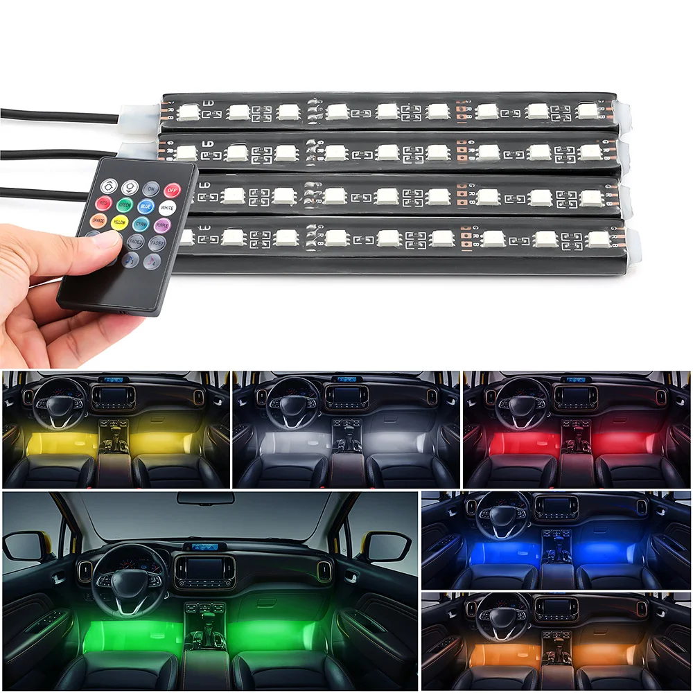 4 шт. автомобильные RGB Светодиодные полосы света светодиодные полосы света голосовое приложение управления цвета декоративные RGB атмосферные лампы для салона автомобиля огни