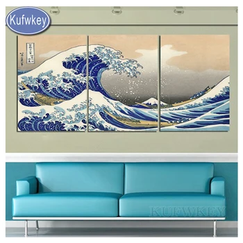 

3pcs Diamond Painting,Katsushika Hokusai Great Wave Off Kanagawa Views Of Mount Fuji Painting Wall Art Picture,triptych painting