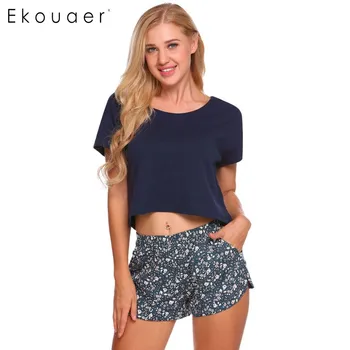 

Ekouaer Casual Plaid Sleepwear Women O-Neck Short Sleeve Crop Top and Shorts Lounge Pajamas Set Summer Print Flower Home Clothes
