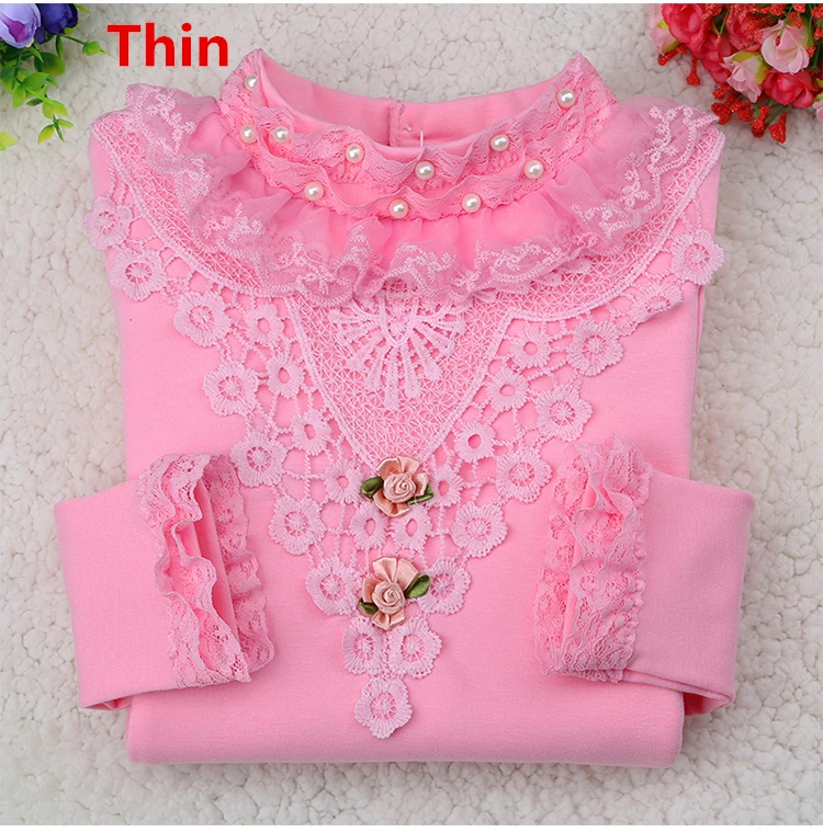 Детская одежда для девочек г. Осенне-зимняя одежда для детей блузка для девочек кружевная хлопковая Детская рубашка с длинными рукавами 4 цвета, age3-16Y - Цвет: Thin Rose