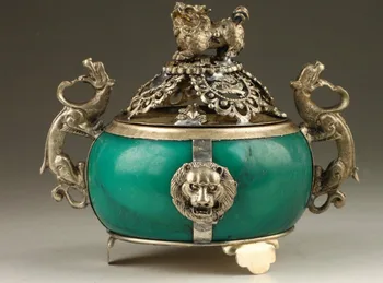 

old Vintage Collection Handmade Old Tibet Silver Dragon Jade Incense Burner Statue wholesale factory Bronze Arts outlets (0405)