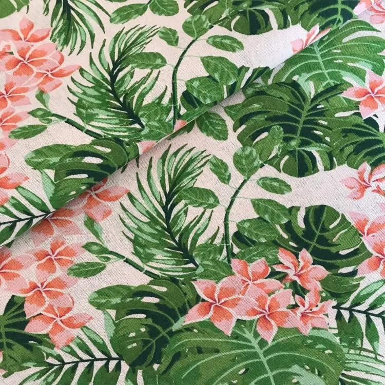 

50x150cm Cotton Linen Fabric Print Green Leaf Pink Flower DIY Craft Material for Table Cover Bag F81109