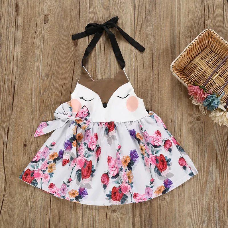 

Summer Baby Girls Strap Dress Cotton Kids Sleeveless Strap Cartoon Dresses Cute A-line Bow Dress