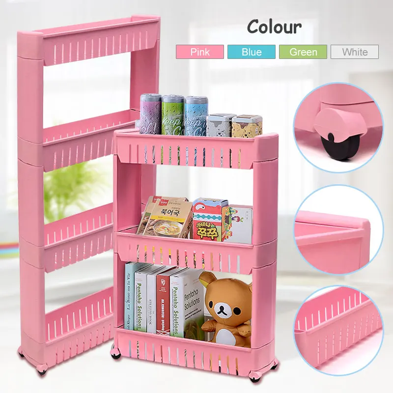 

Storage Shelf Movable Kitchen Storage Rack Fridge Side Shelf 3/4 Layer Removable With Wheels Bathroom Organizer Storage Holder