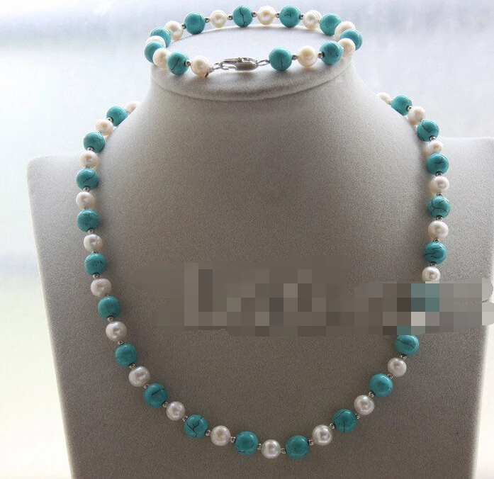 Fast shipping 07776 round white pearls blue turquoise necklace bracelet set (35%) | Украшения и аксессуары