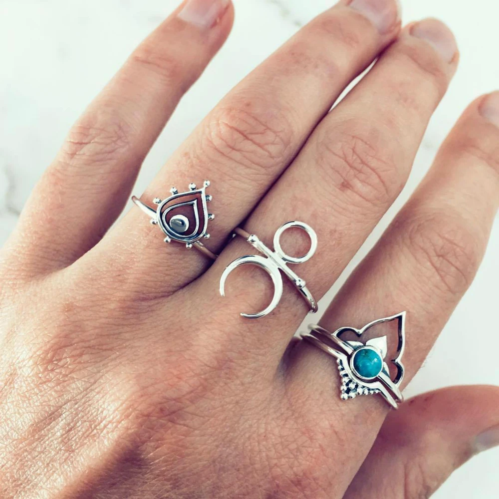 

Simple Personality Punk Fashion Retro Bohemian Style Ancient Silver Rings For Women Combination Jewellery Suit Wedding Rings