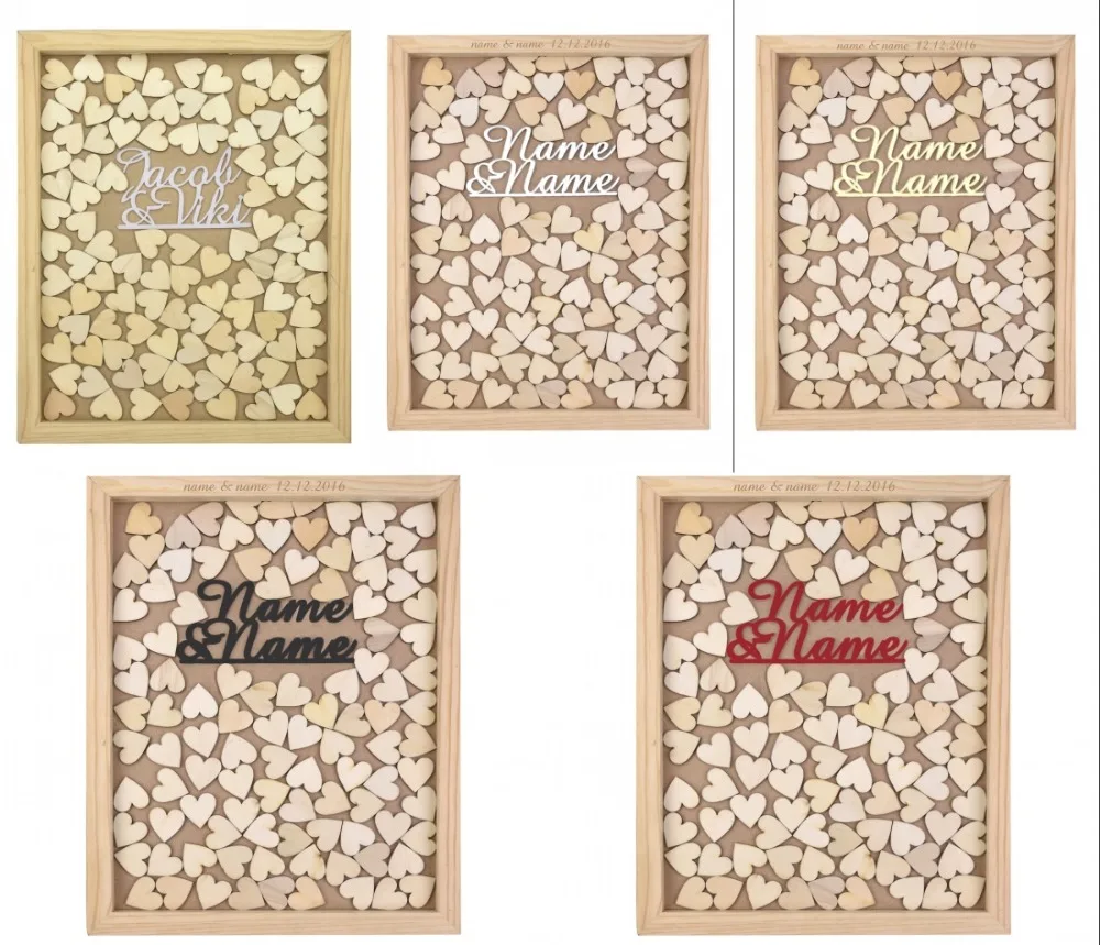 

Personalized Engraved Wedding Guest Book Rustic Wooden Name & Name Style Drop Top Frame Box With Love Hearts Decor Gift Favor