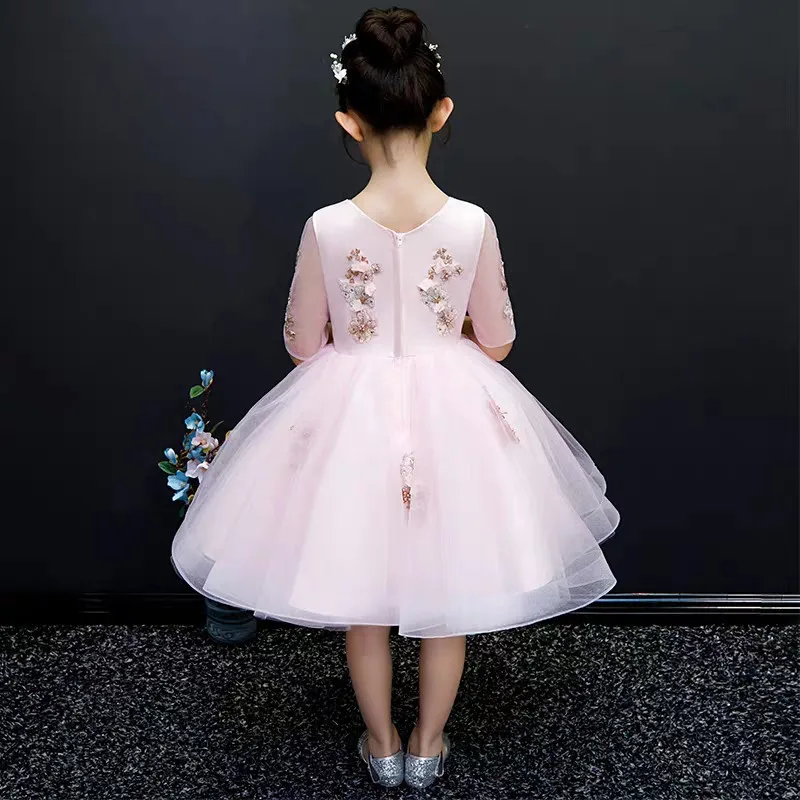Детское милое розовое платье высокого качества с вышитыми цветами на день рождения и свадьбу для маленьких девочек, платье для игры на фортепиано
