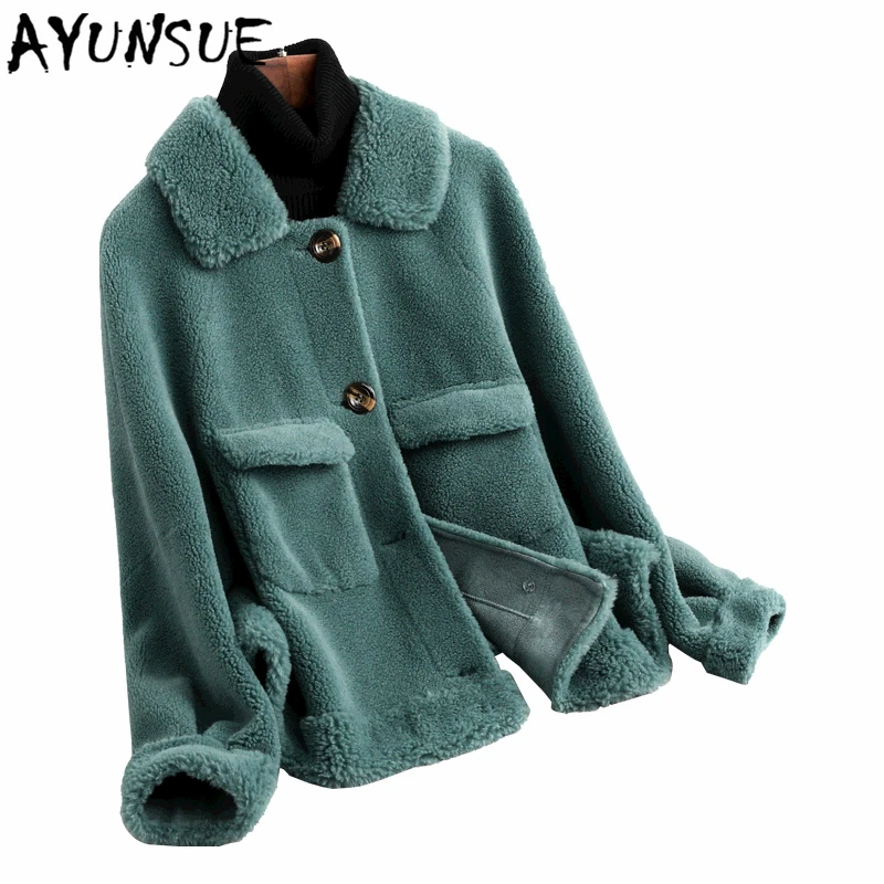 

AYUNSUE 2019 New Korean Sheep Fur Coats Women Clothes Elegant Winter Jacket Warm Fit Women Wool Real Fur Coat Female 59346 LW434